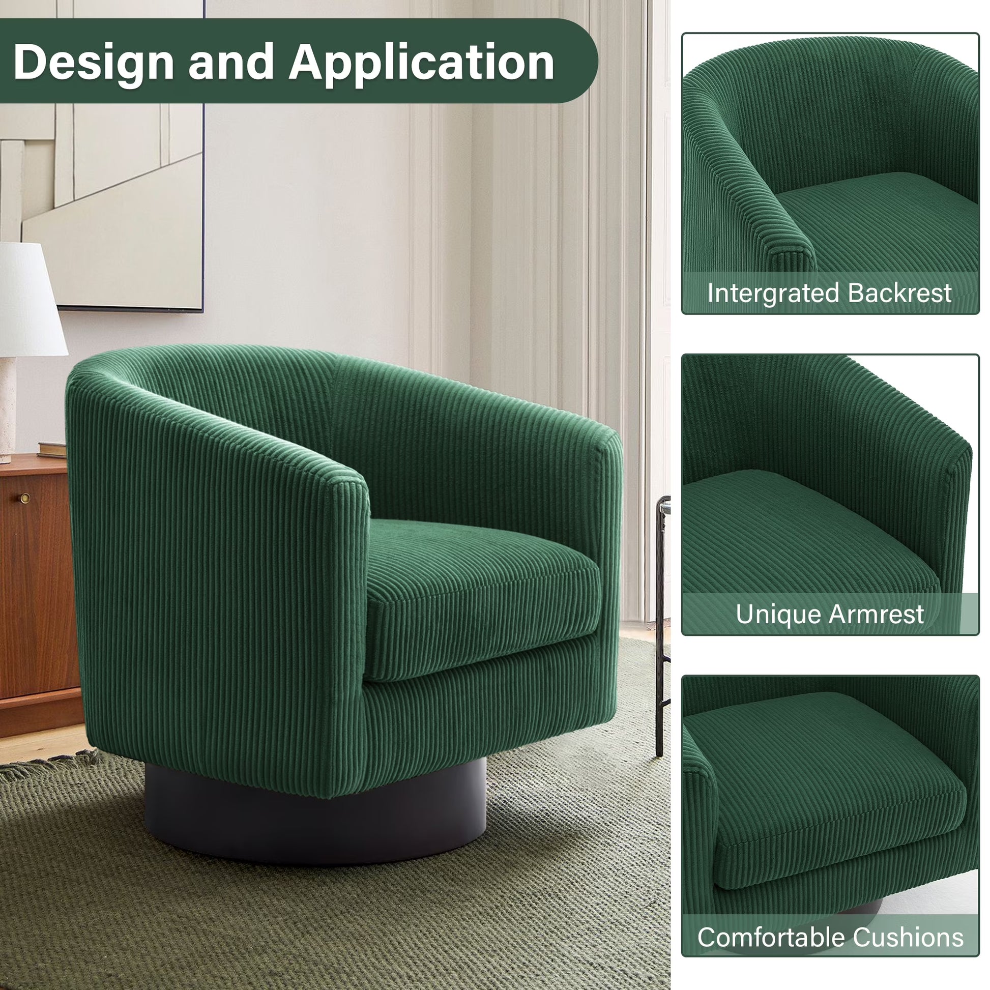 Swivel Barrel Accent Chairs Set of 2 Modern Upholstered Living Room Chair round Club Armchair, Dark Green