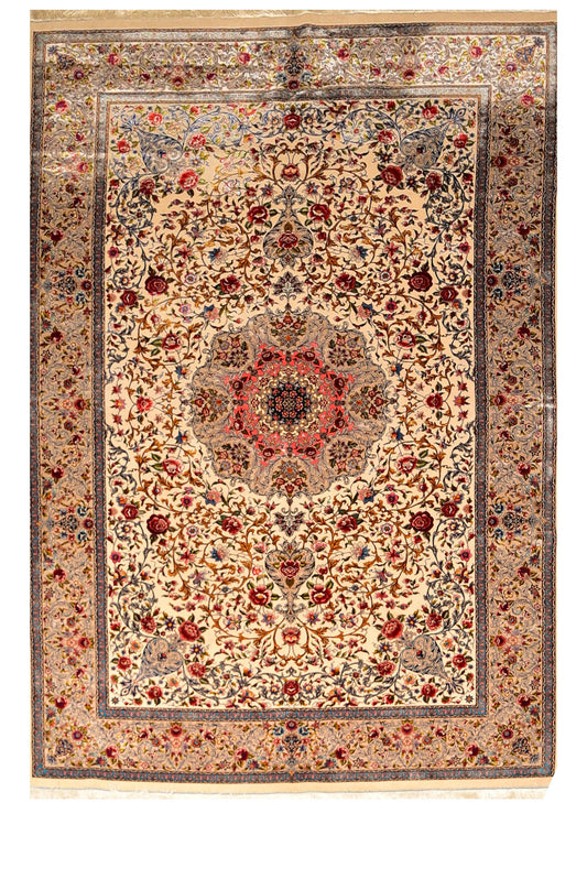 Fine Kashan 100% Silk Oriental Rug 6' 7" x 8'