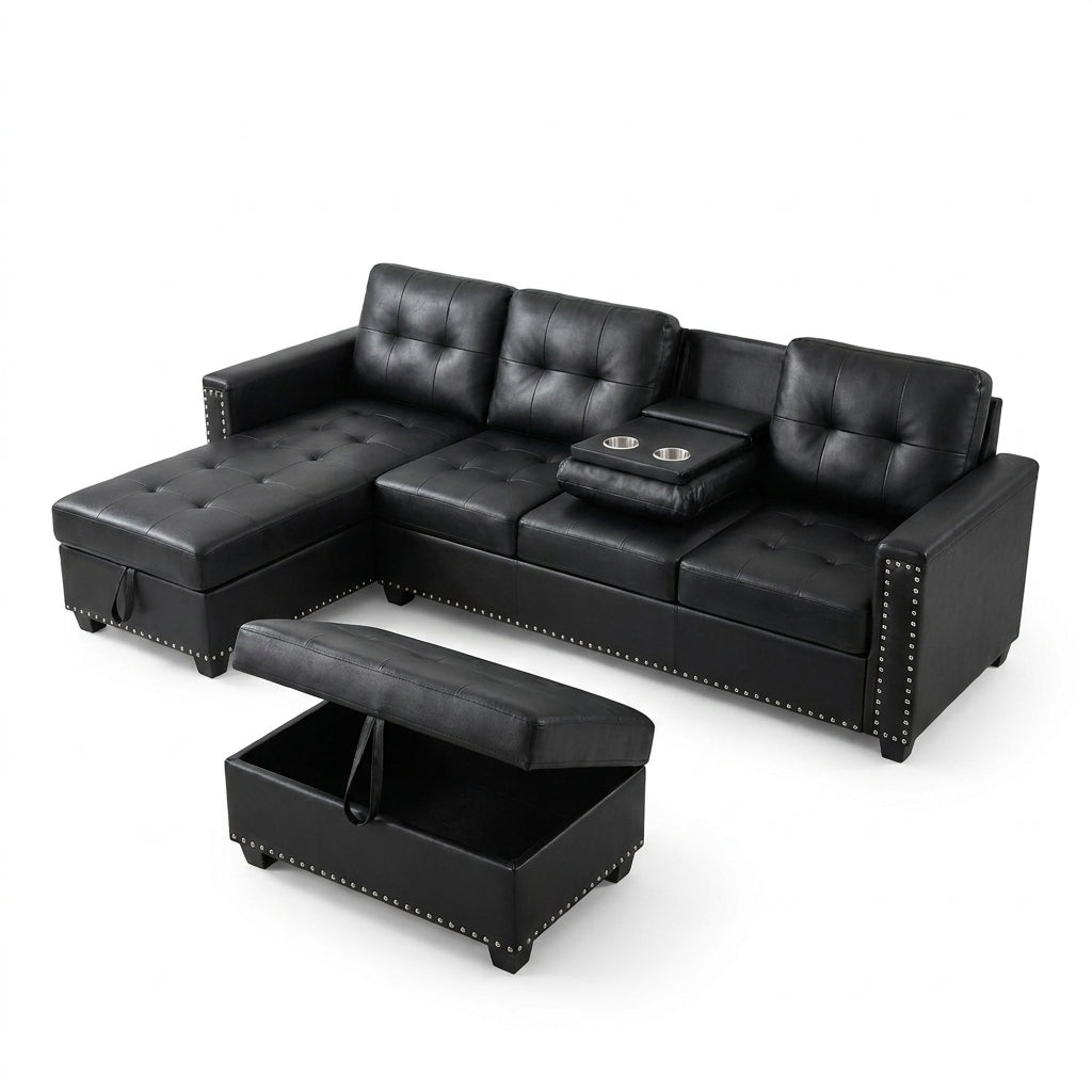 L Shaped Couch Modern Sectional Sofa with Left Chaise & Ottoman Tufted Modular Sofa Couch Set for Living Room, Black — Studio Shot