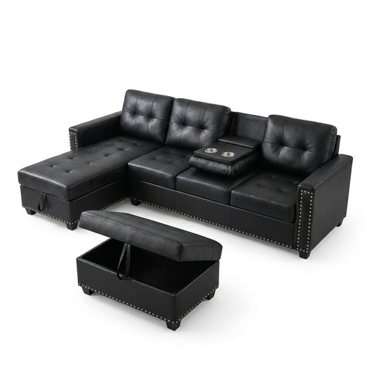L Shaped Couch Modern Sectional Sofa with Left Chaise & Ottoman Tufted Modular Sofa Couch Set for Living Room, Black — Studio Shot