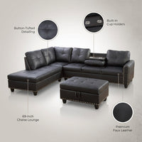 L Shaped Couch Modern Sectional Sofa with Left Chaise & Ottoman Tufted Modular Sofa Couch Set for Living Room, Black — infographic