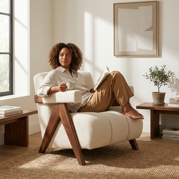 Upholstered Accent Chair Designed for Modern Comfort, Solid Wood Frame, Plush Cushions, Curved Backrest