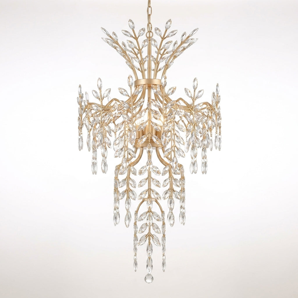 Modern Chandelier 118 In. 28-Light Crystal Gold Chandelier for Foyer, Living Room, Multiple Tiers Chandelier — Studio Shot