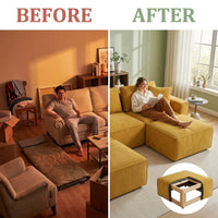 Modular Sectional Sofa Built for Small Spaces, Convertible Sleeper Bed, Corduroy Upholstery, Oak Frame — Before & After