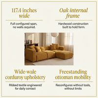 Modular Sectional Sofa Built for Small Spaces, Convertible Sleeper Bed, Corduroy Upholstery, Oak Frame — Results & Stats