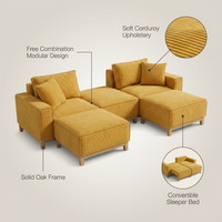 Modular Sectional Sofa Built for Small Spaces, Convertible Sleeper Bed, Corduroy Upholstery, Oak Frame — infographic