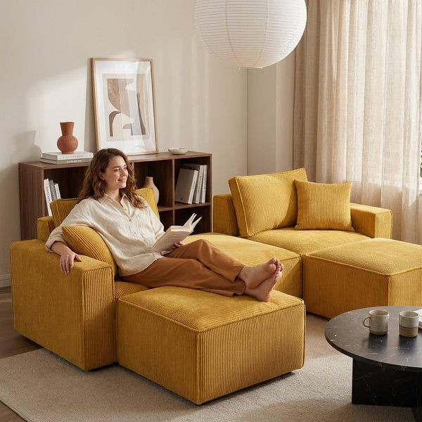 Modular Sectional Sofa Built for Small Spaces, Convertible Sleeper Bed, Corduroy Upholstery, Oak Frame