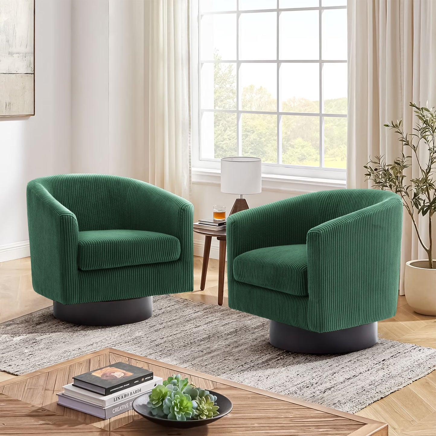 Swivel Barrel Accent Chairs Set of 2 Modern Upholstered Living Room Chair round Club Armchair, Dark Green